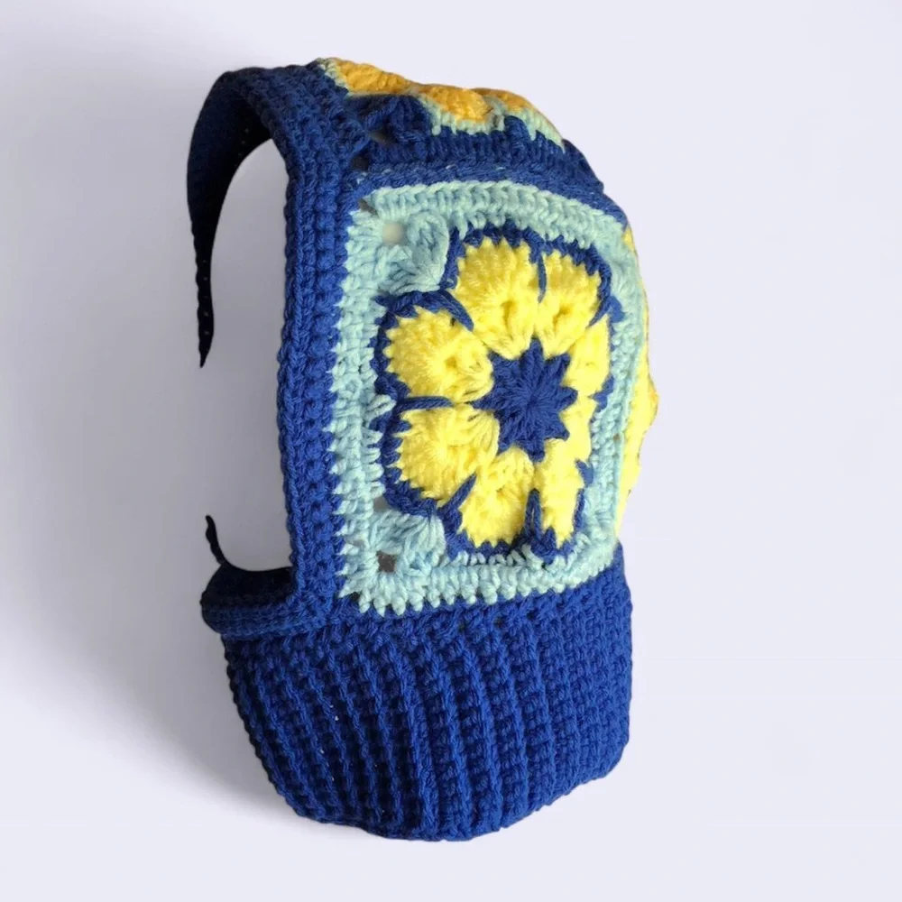 crochet blue and yellow african flower granny square balaclava HANDMADE - Picture 4 of 6